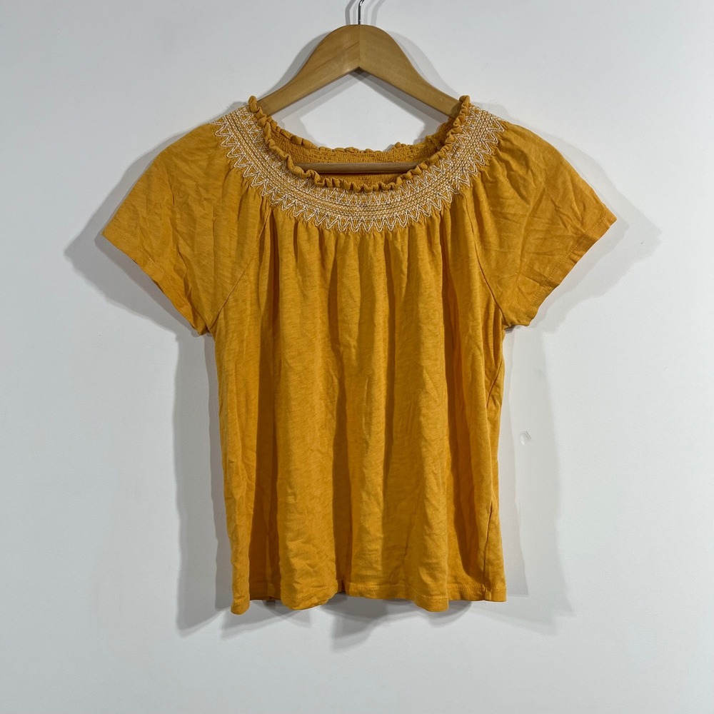 J.Crew Euro Summer Preppy Old Money Smocked Embroidered Ruffle Top Women XS Boho